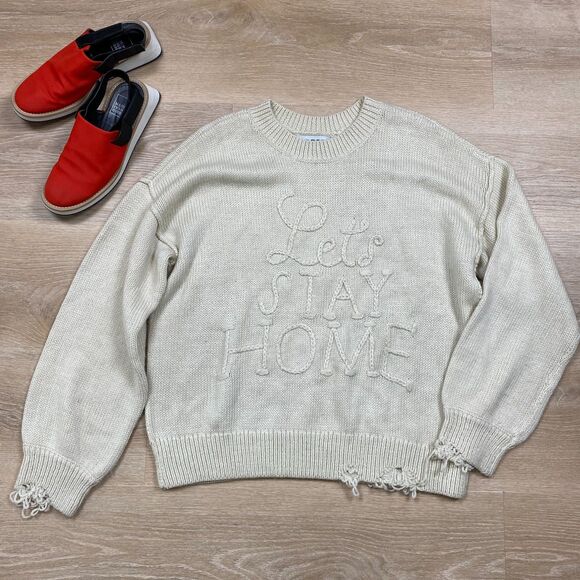 Wild Fox Wool Blend Distressed Crew Neck Sweater Women L Color Ivory - Picture 1 of 7
